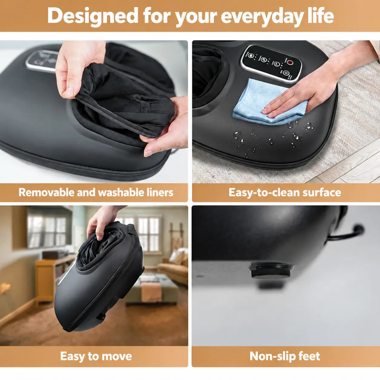 Removable liners, an easy-to-wipe surface and non-slip feet
