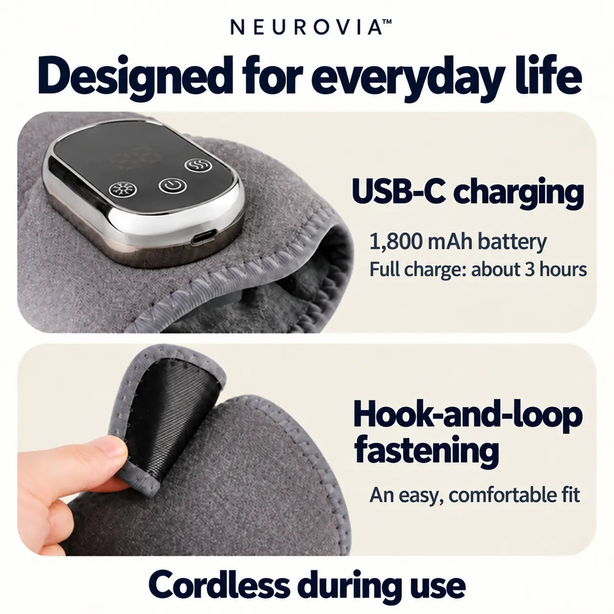 NEUROVIA™: USB-C charging, 1,800 mAh battery and hook-and-loop fastening