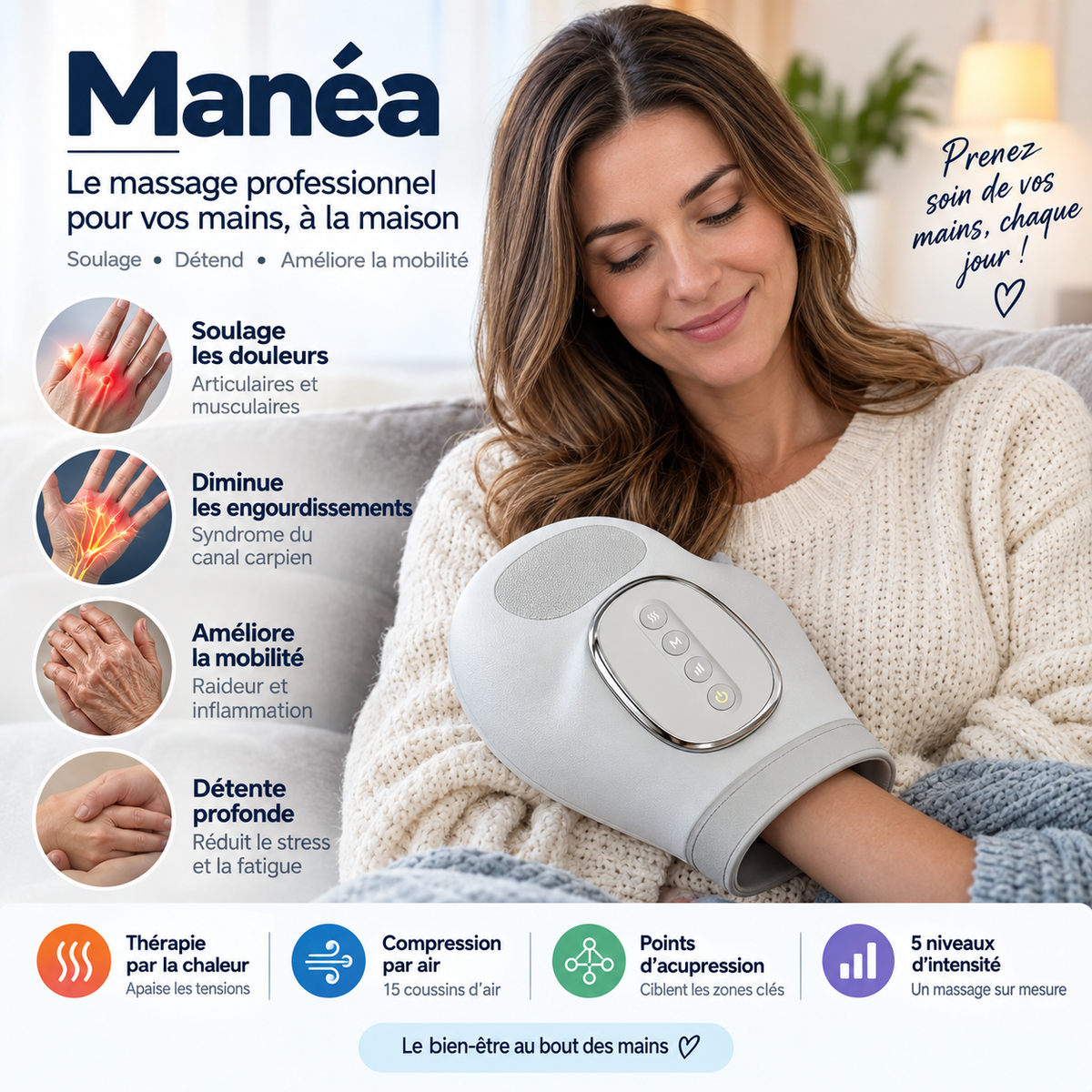 MANÉA™ – Masseur de Mains Chauffant à Compression