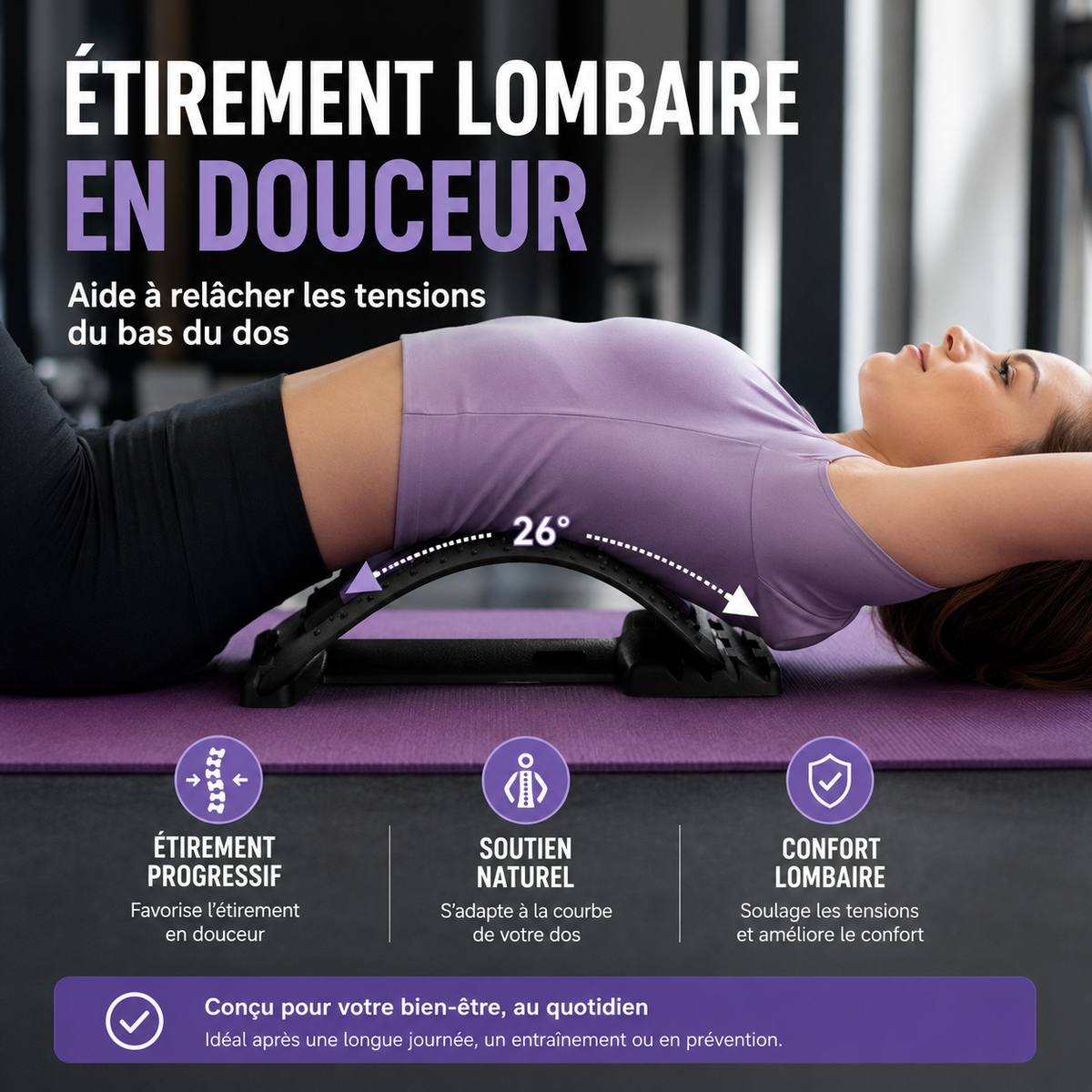 LUMBÉA™ – Civière Lombaire d’Étirement & Acupression 3-en-1
