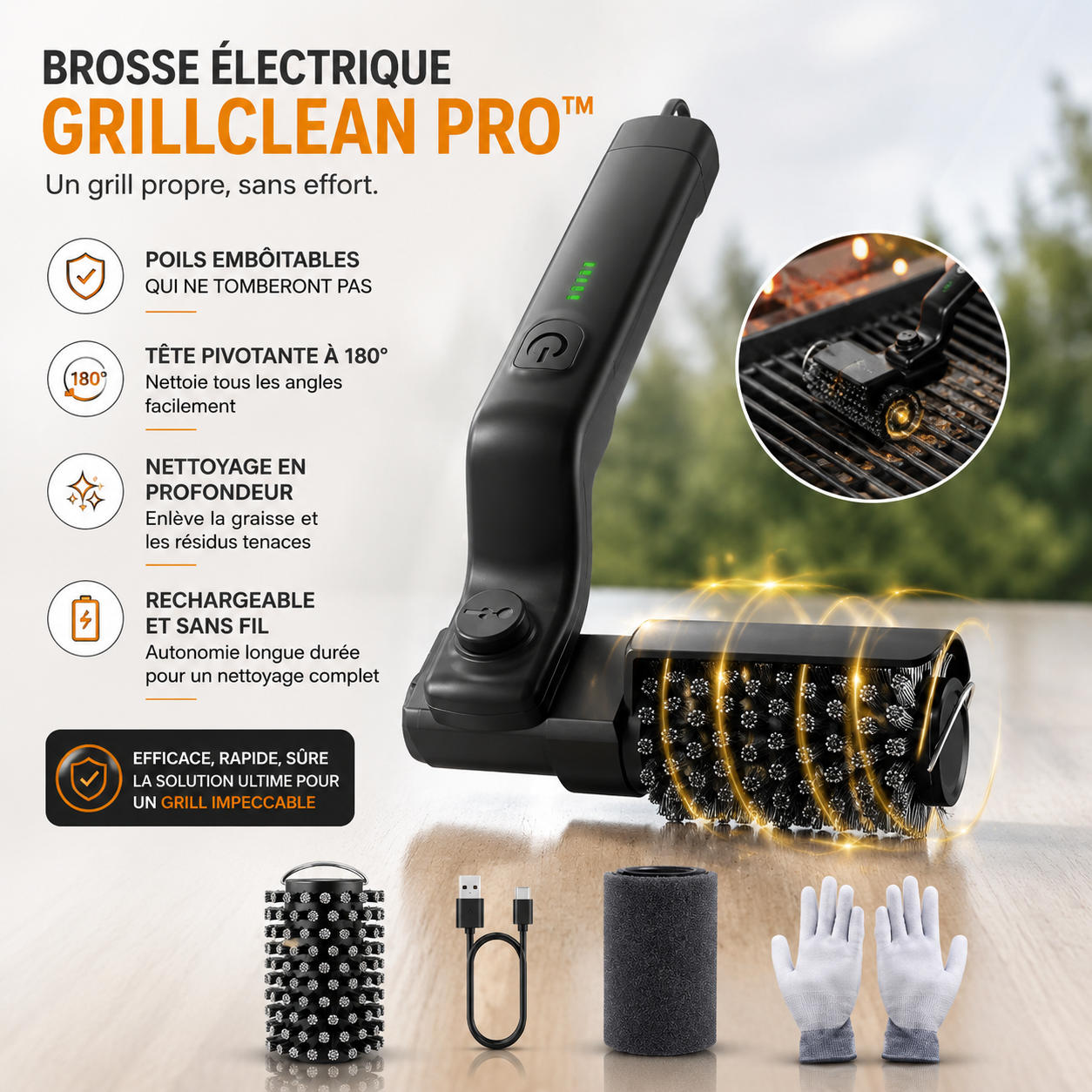 GRILLCLEAN PRO™ – Brosse Electrique Nettoyante Puissante pour Barbecue