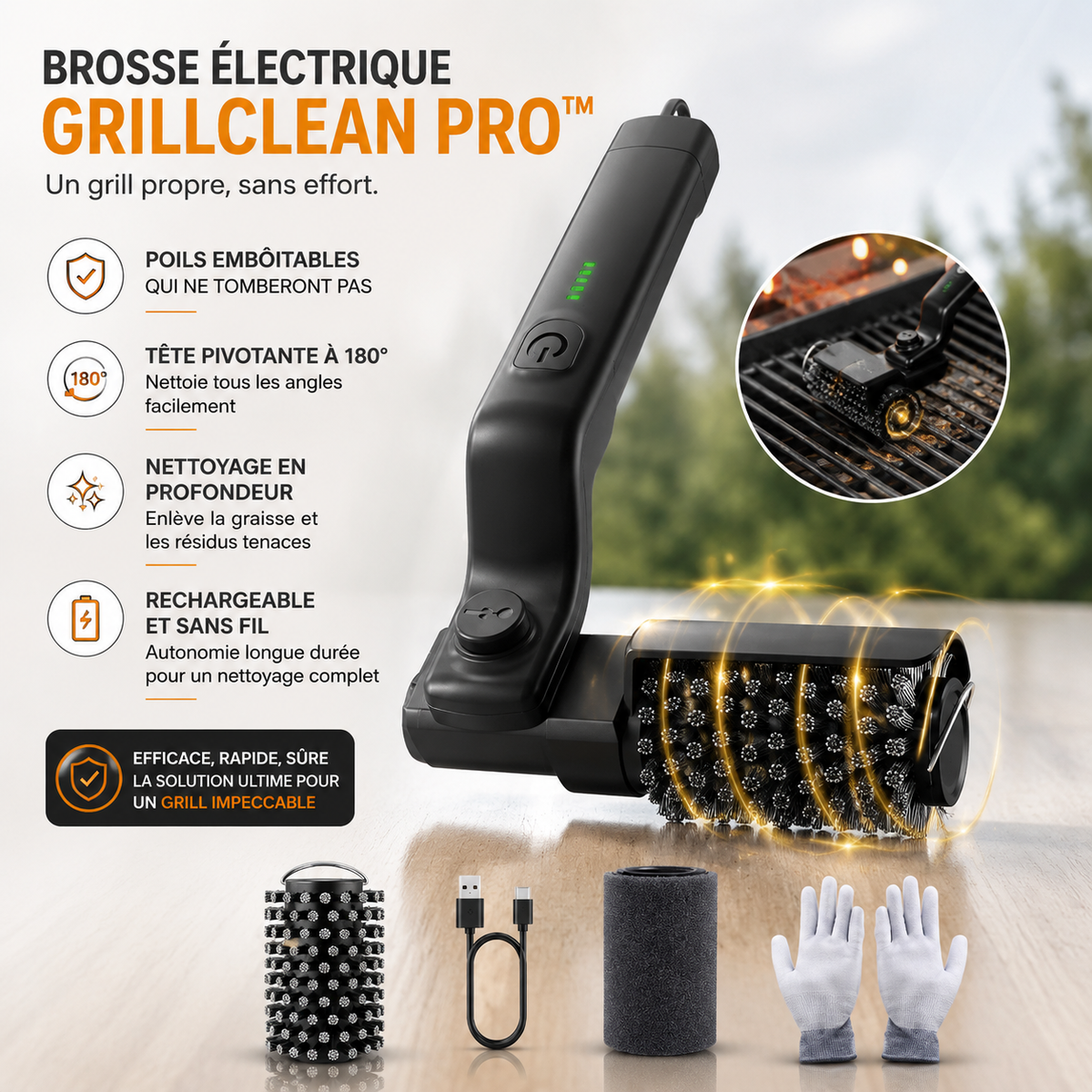 GRILLCLEAN PRO™ – Brosse Electrique Nettoyante Puissante pour Barbecue