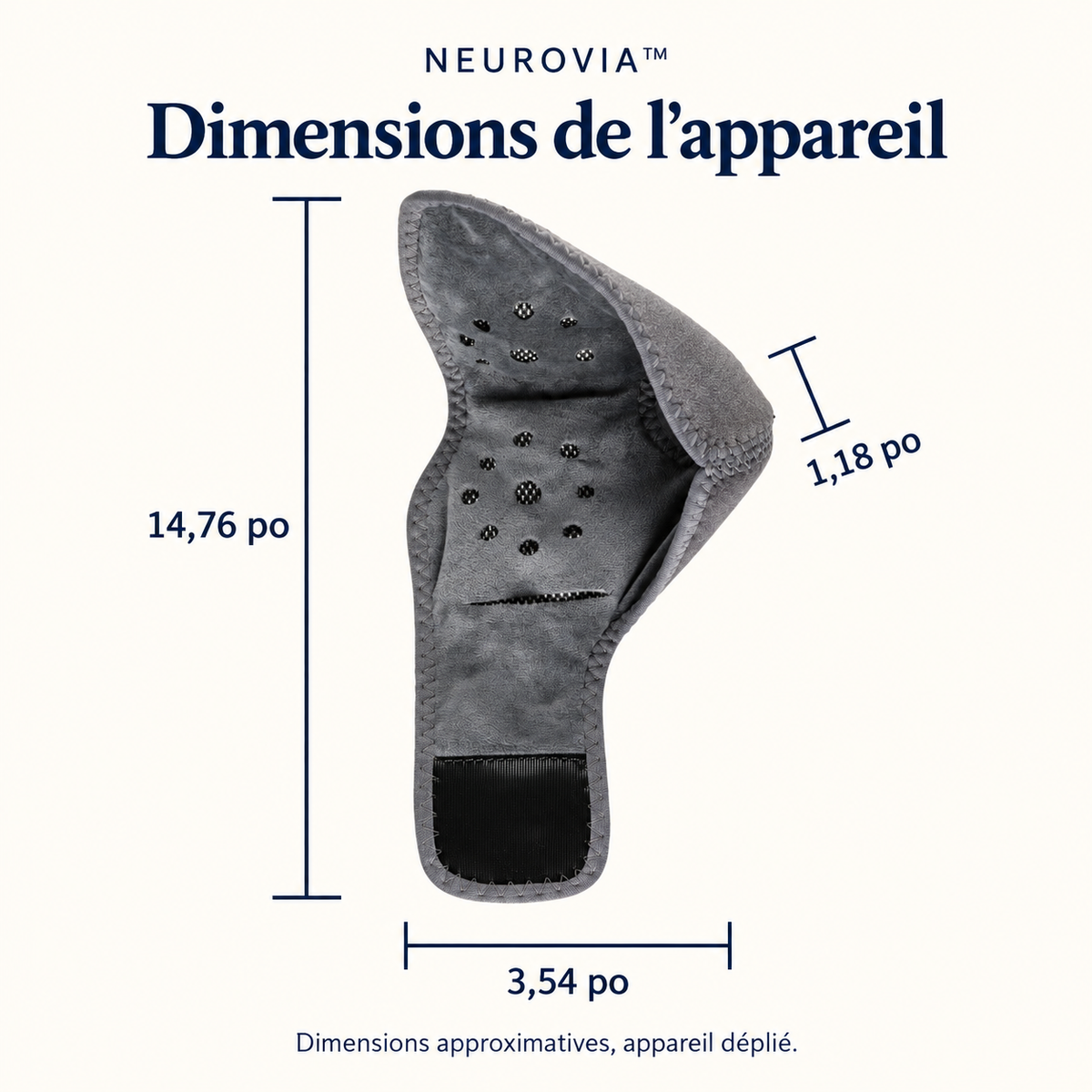 NEUROVIA™ — dimensions approximatives : 14,76 × 3,54 × 1,18 pouces