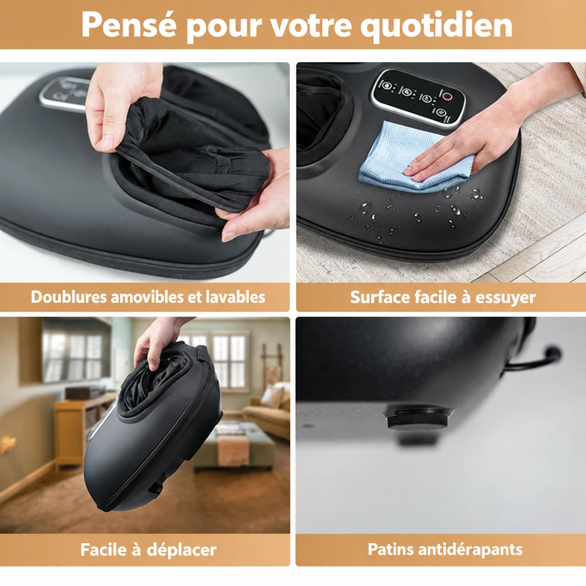 Doublures amovibles, surface facile à essuyer et patins antidérapants