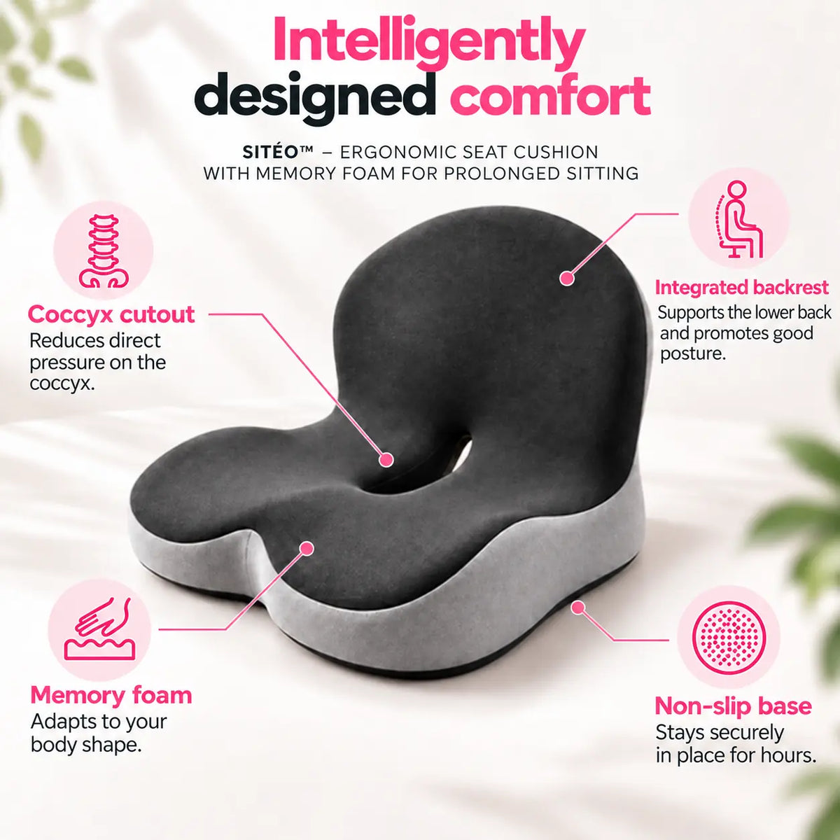 SITÉO™ – Ergonomic Memory Foam Cushion for Prolonged Sitting