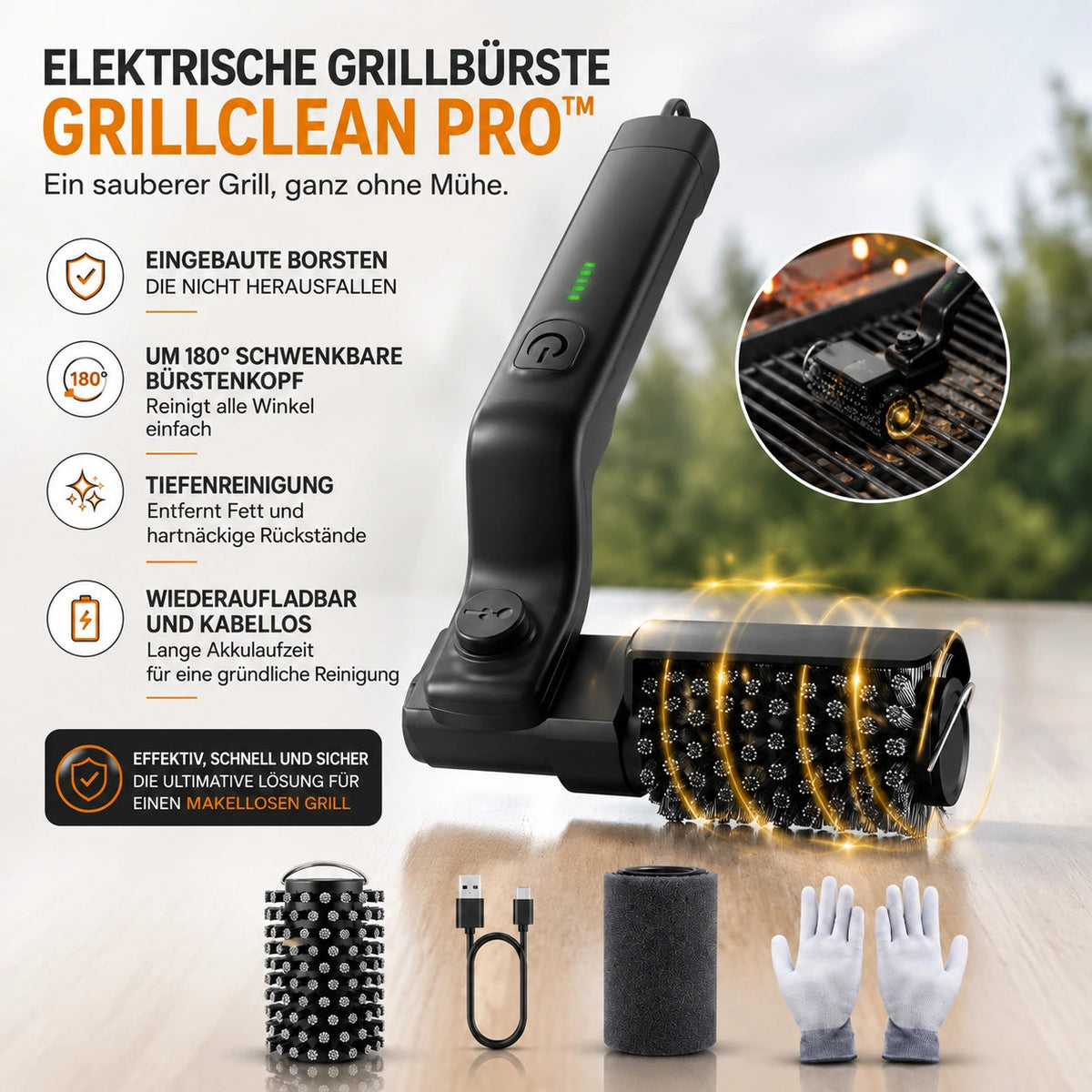 GRILLCLEAN PRO™ – Leistungsstarke elektrische Reinigungsbürste für Grills