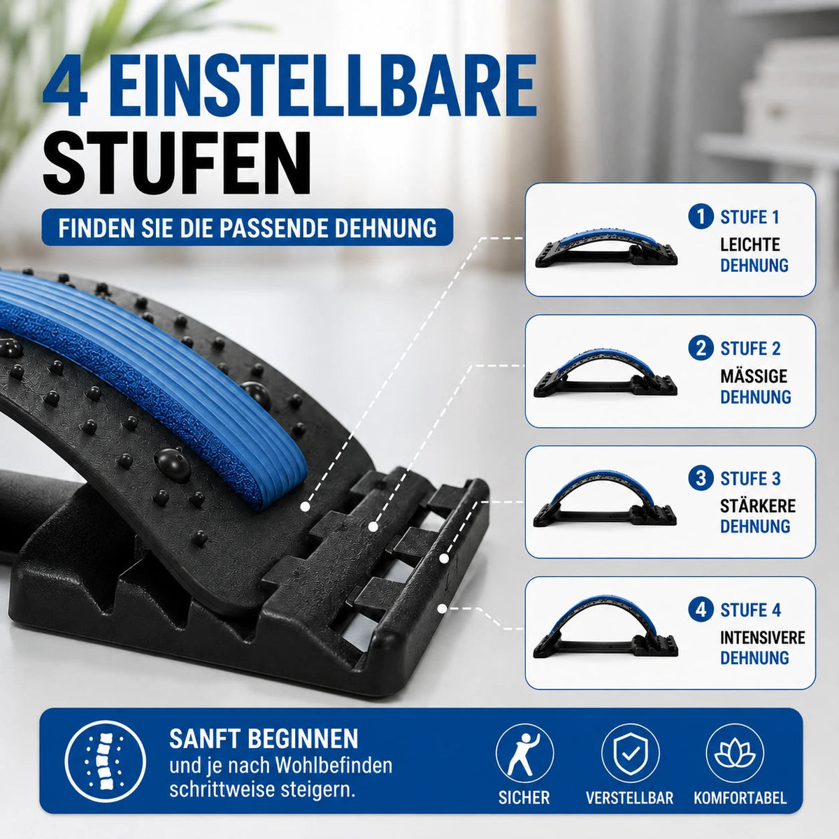 LUMBÉA™ – 3-in-1-Lendenwirbelsäulen-Dehn- und Akupressur-Stütze