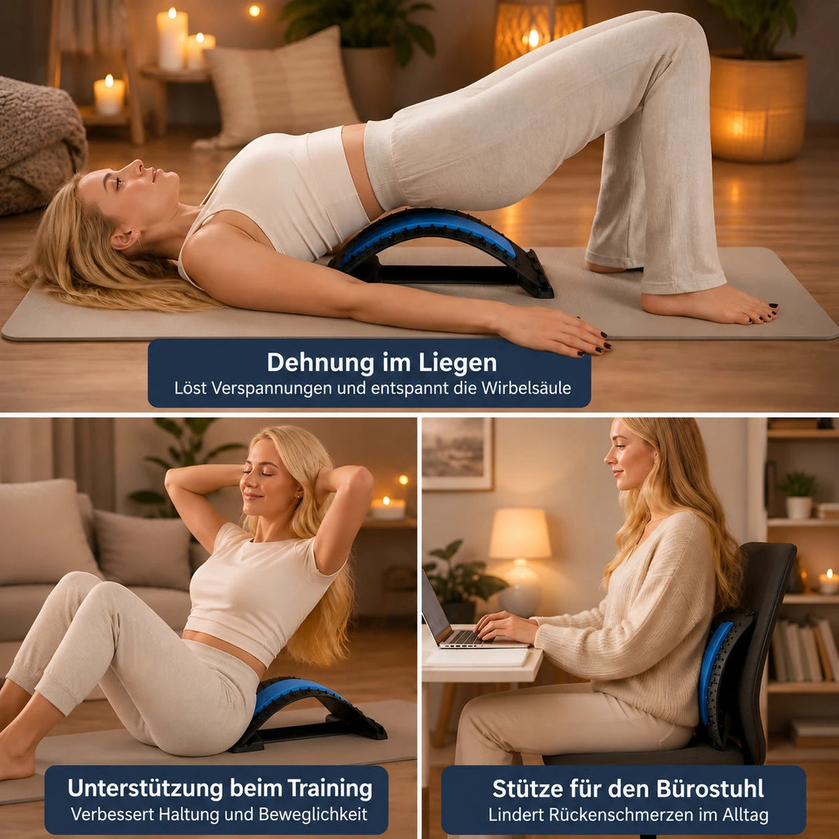 LUMBÉA™ – 3-in-1-Lendenwirbelsäulen-Dehn- und Akupressur-Stütze