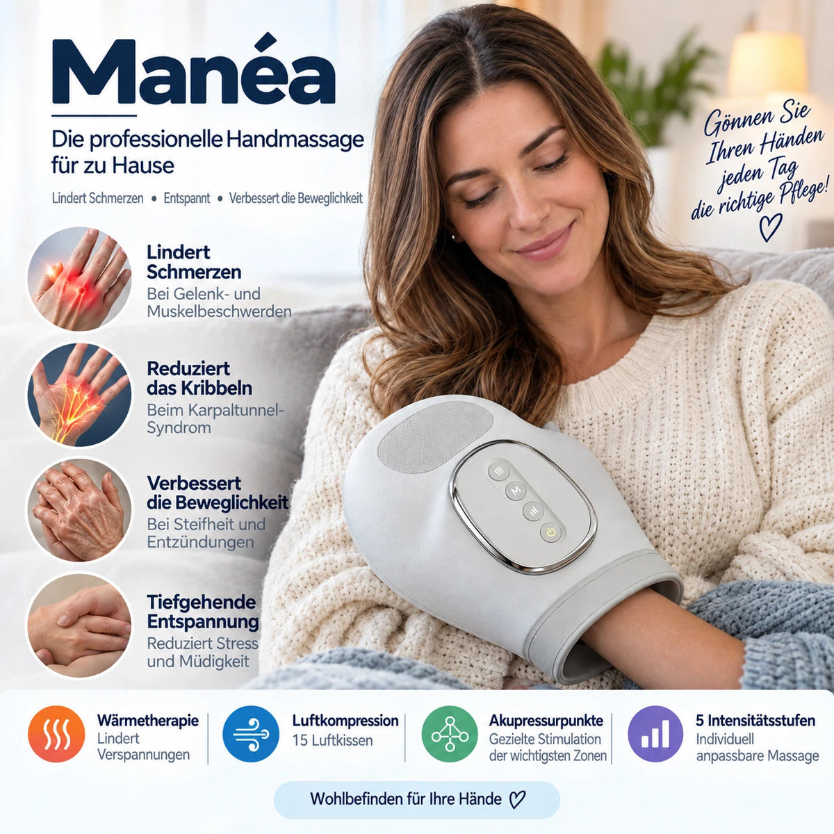 MANÉA™ – Beheiztes Handmassagegerät mit Kompression