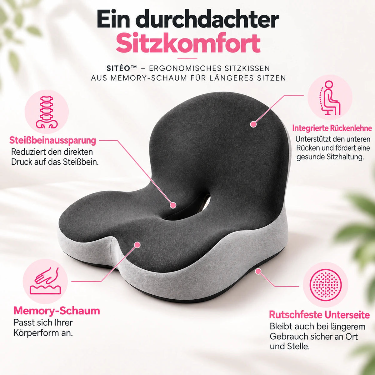 SITÉO™ – Ergonomisches Memory-Schaum-Kissen für langes Sitzen