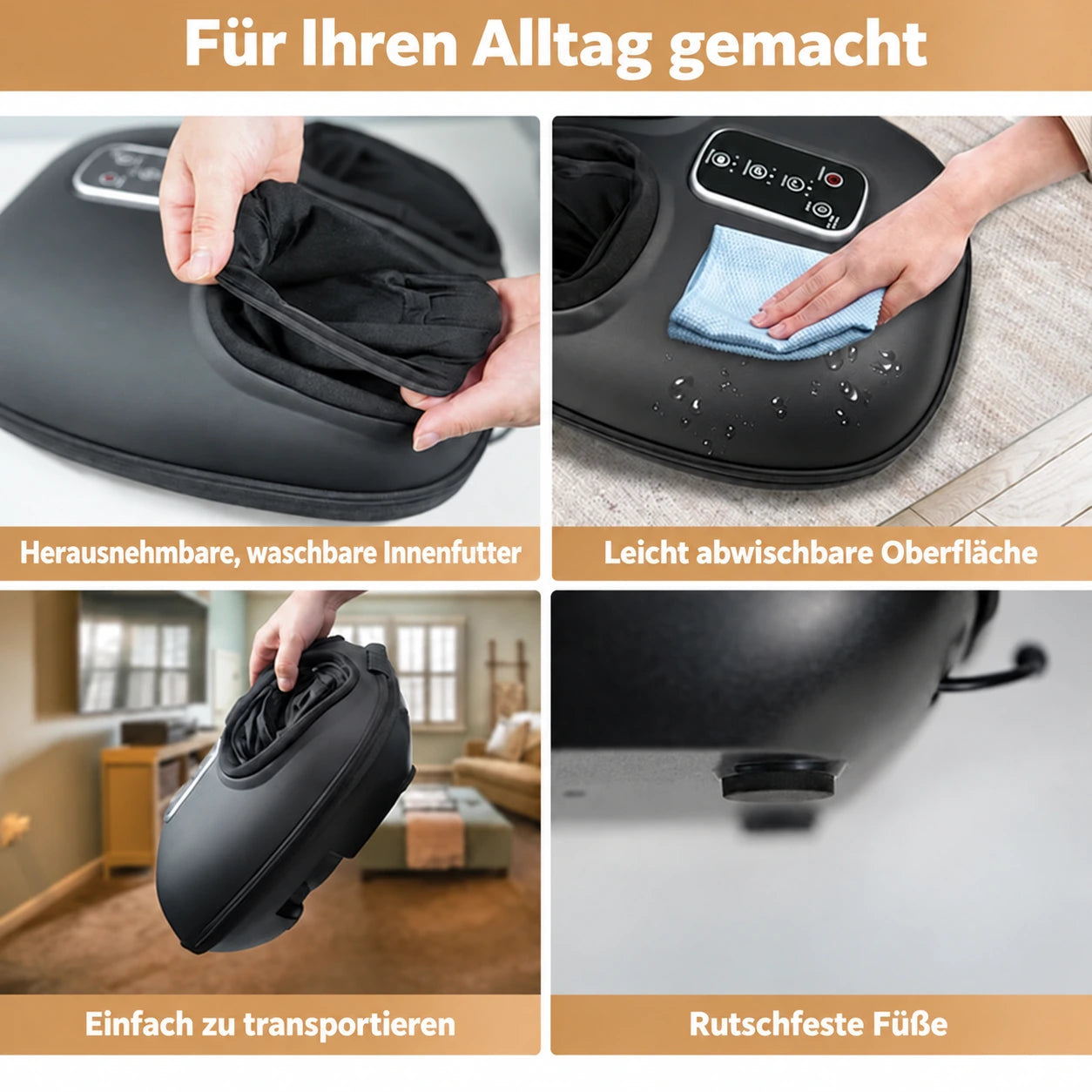 Herausnehmbare Einlagen, leicht abwischbare Oberfläche und rutschfeste Füße