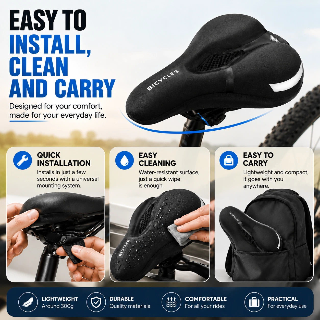 Easy to install and clean VÉLOCONFORT saddle cover