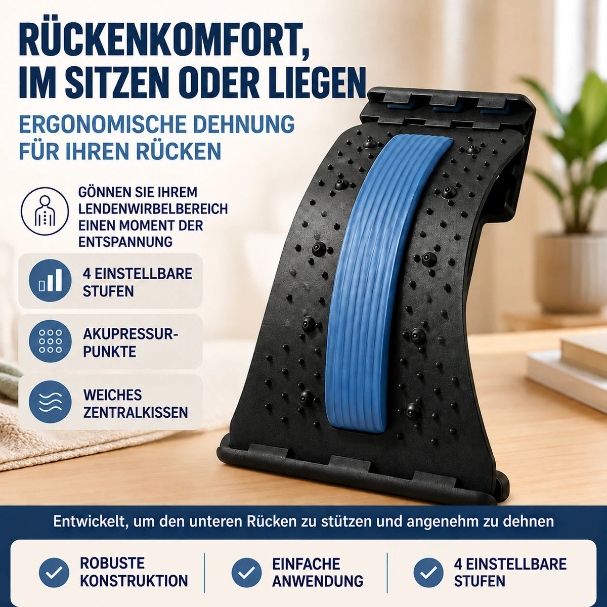 LUMBÉA™ – 3-in-1-Lendenwirbelsäulen-Dehn- und Akupressur-Stütze