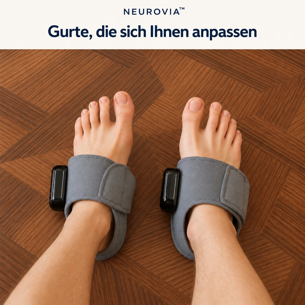 Zwei NEUROVIA™-Geräte, die um die Füße angelegt werden