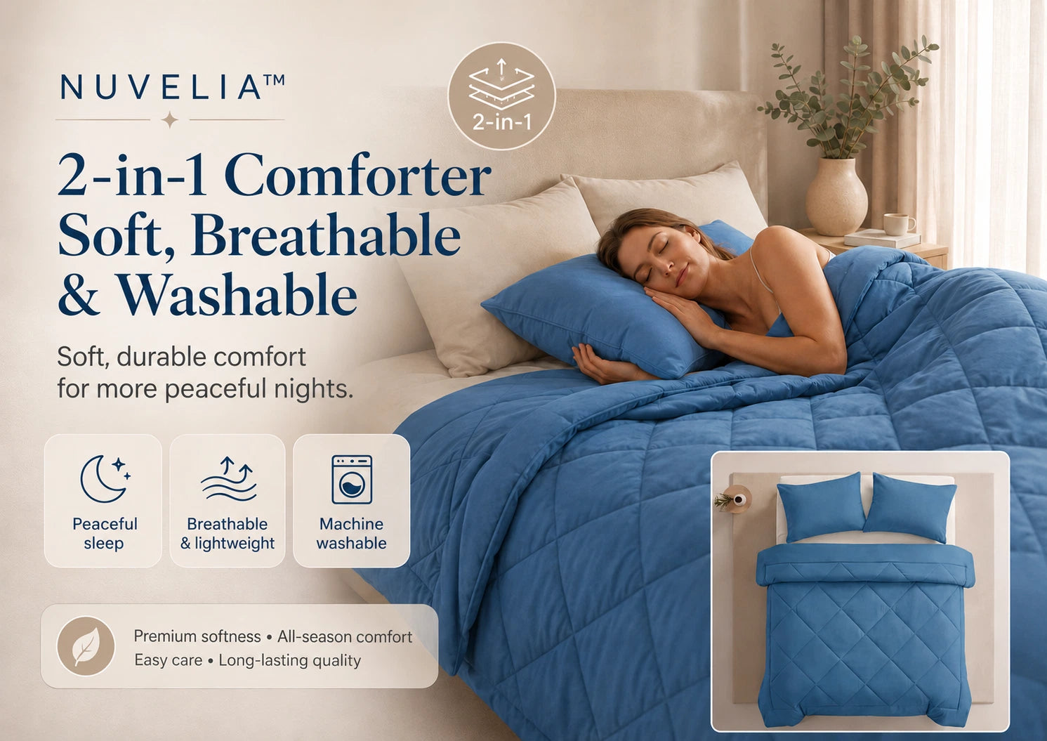 NUVELIA™ — Couette 2-en-1 douce, respirante et lavable
